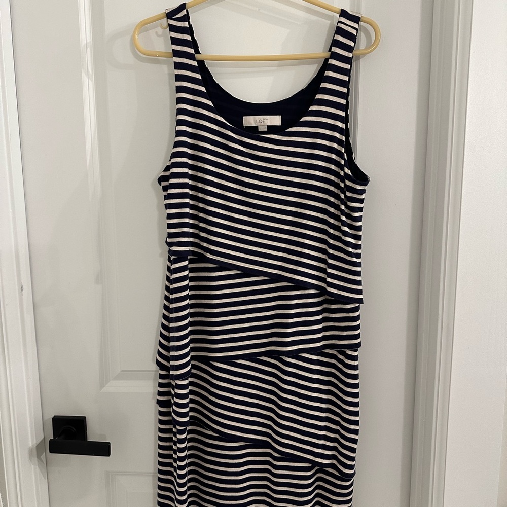 LOFT Navy and White Asymmetrical Striped Dress